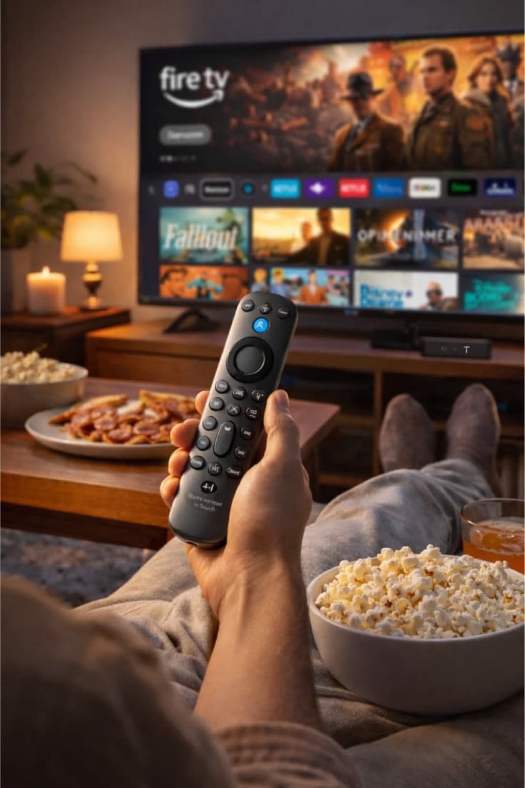 Télécommande Amazon Fire TV en main avec popcorn et Fire TV affichant l'interface IPTV sur grand écran