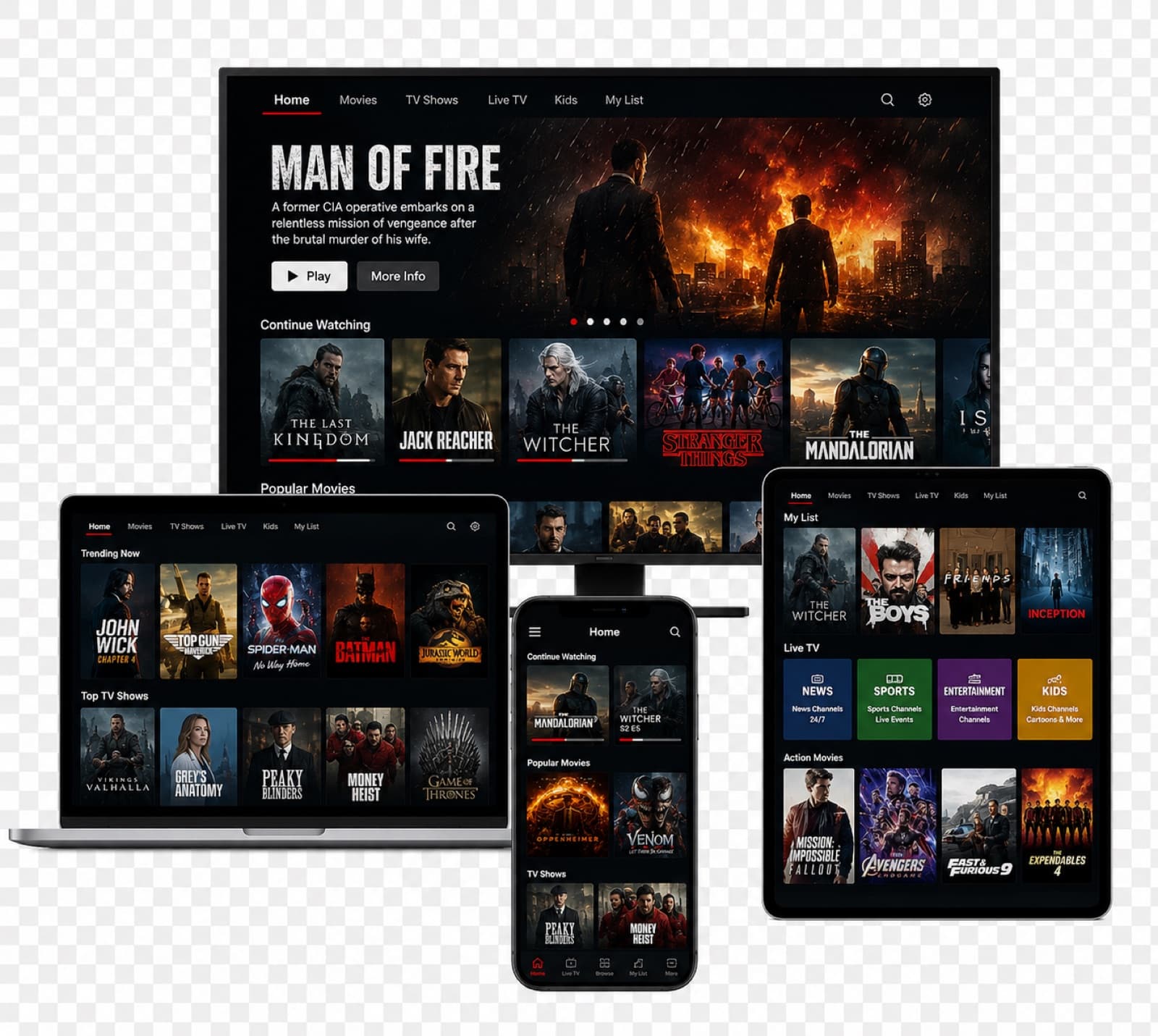 Smart TV, ordinateur portable et smartphone affichant une application IPTV — guide d'installation multi-appareils