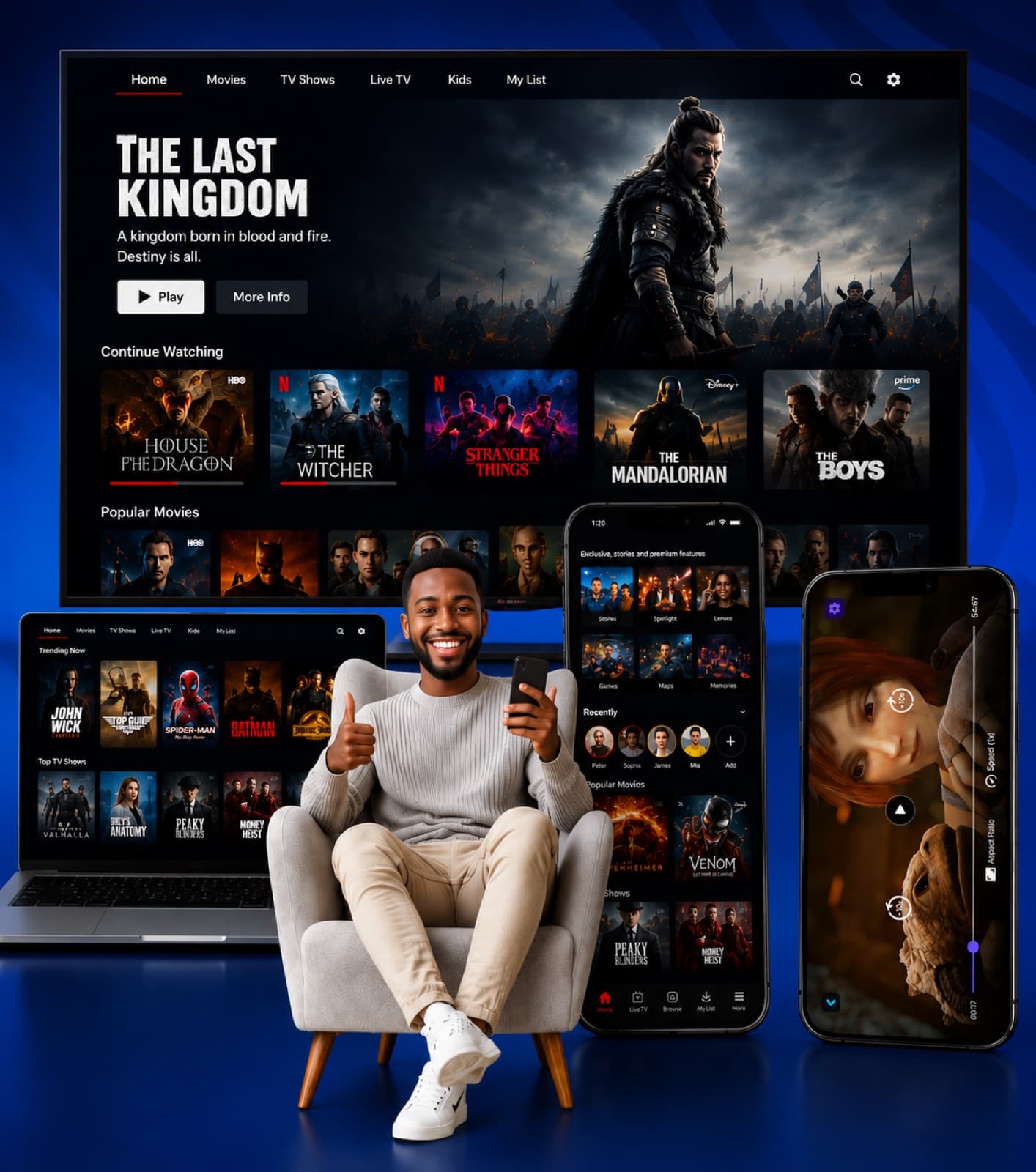 Famille devant une Smart TV diffusant un abonnement IPTV Premium en 4K